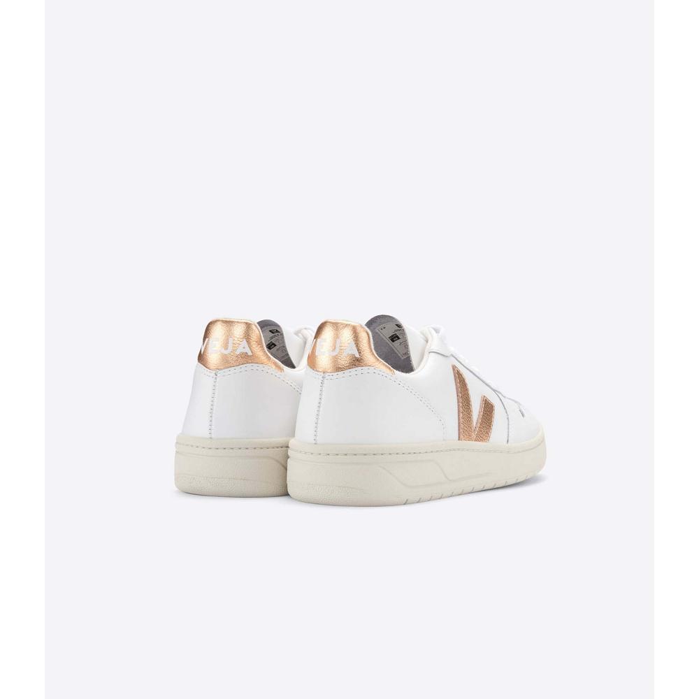 Veja V-10 LEATHER Women's Sneakers White/Gold | CA 641CTV